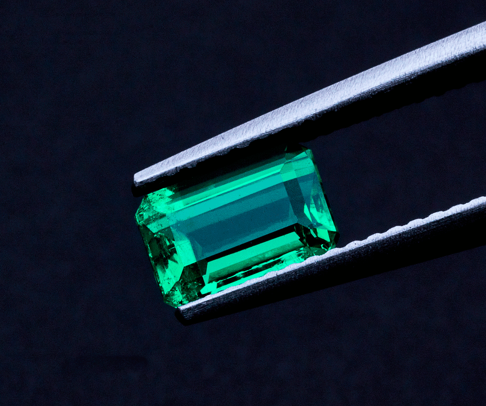 Esmeralda de talla rectangular sostenida con pinzas de gemólogo sobre fondo oscuro